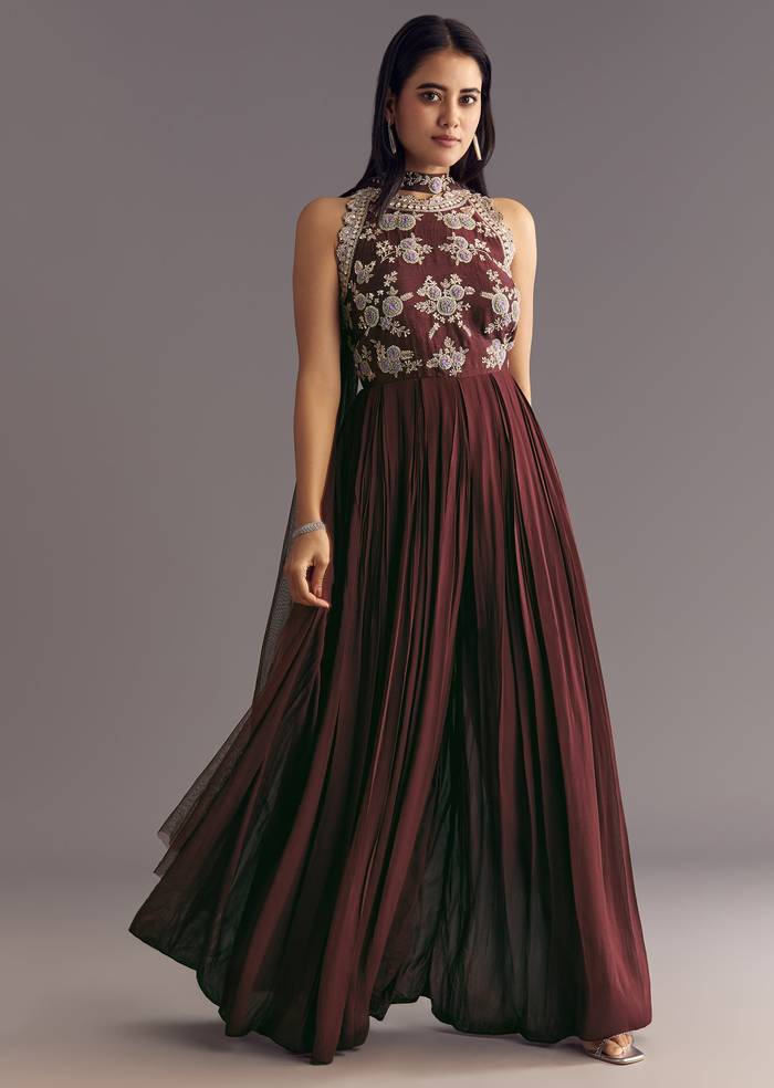 Brown Georgette Jumpsuit With Beads And Cutdana Embroidery