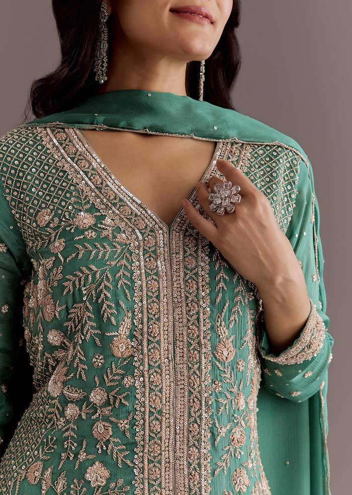 Green Chinon Cudtana Embroidered Kurta Palazzo Suit