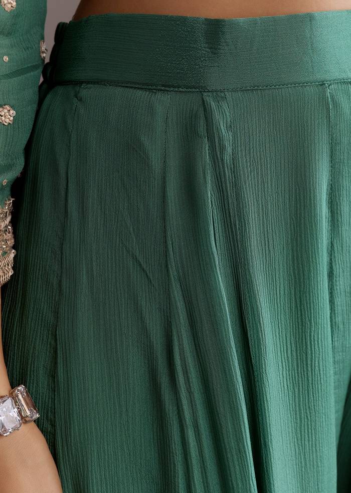 Green Chinon Cudtana Embroidered Kurta Palazzo Suit