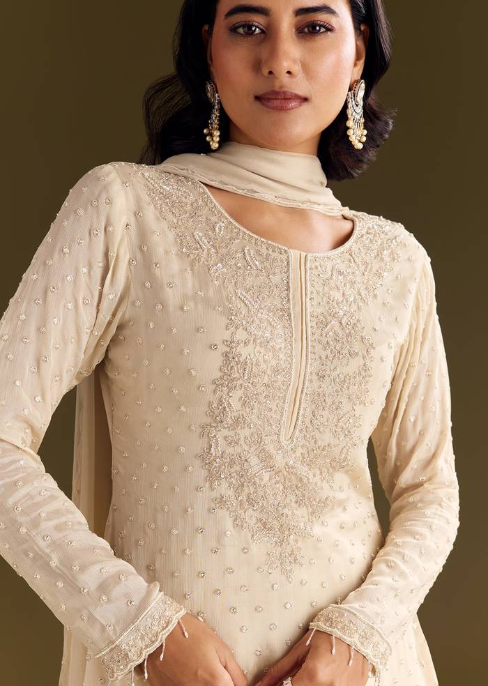 Cream Kurta Palazzo Set With Cutdana And Sequins Work