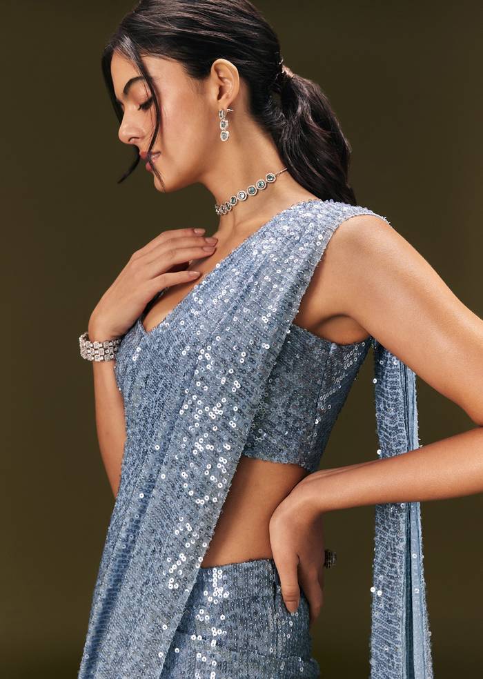 Blue Pre Stitched Saree With Sequin Stone Work