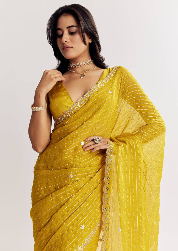 Mustard Yellow Georgette Saree With Foil Stripes And Mirror Gota Patti Work