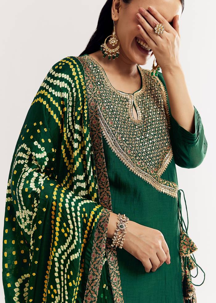 Dark Green Angrakha Kurta Set With Bandhani Dupatta