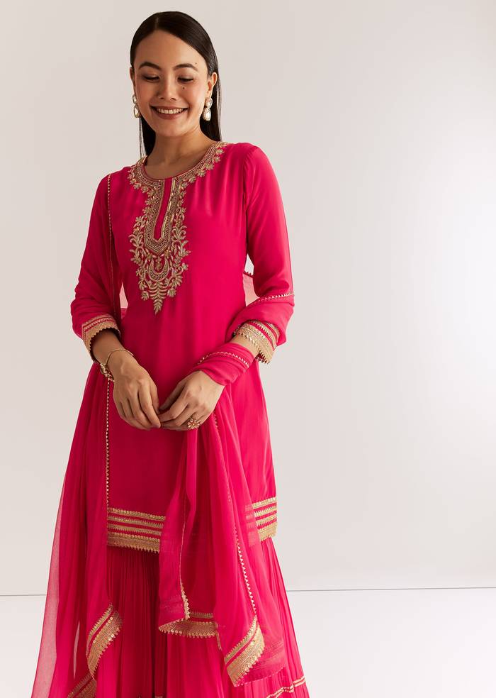 Pink Crepe Kurta Set With Zardosi And Sequins Dupatta