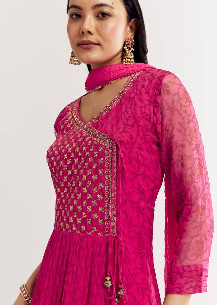 Pink Floral Chiffon Anarkali Kurta Set With Dupatta