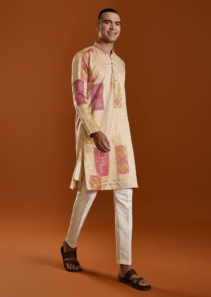 Beige Foil Print Silk Kurta Set