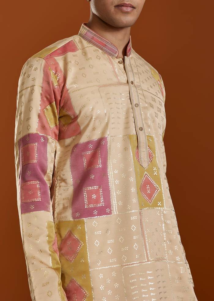 Beige Foil Print Silk Kurta Set