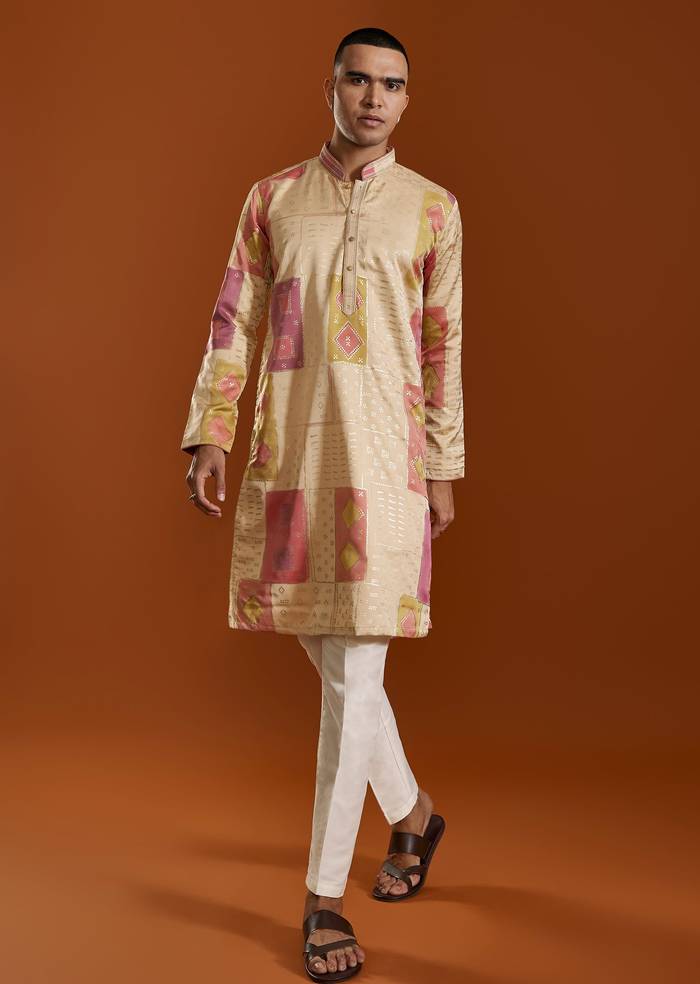 Beige Foil Print Silk Kurta Set