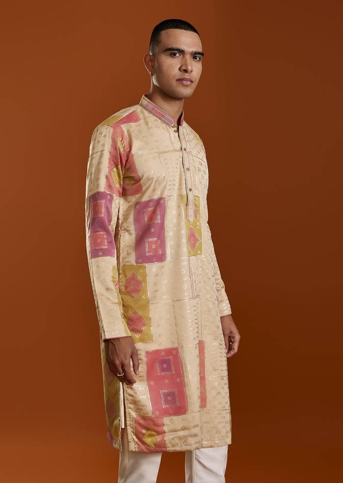 Beige Foil Print Silk Kurta Set