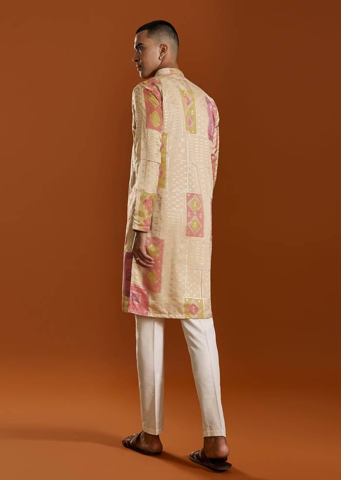Beige Foil Print Silk Kurta Set