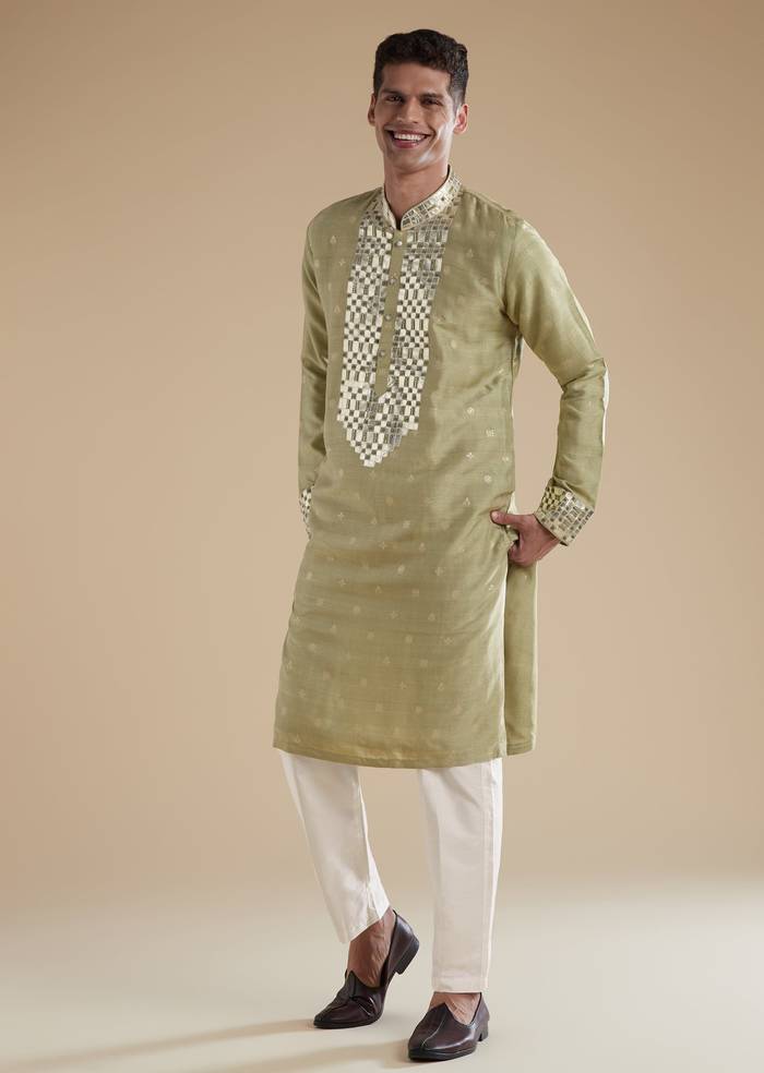 Pista Green Eid Pairing – Mirror Work Sharara Set For Her And Olive Silk Embellished Kurta Set For Him