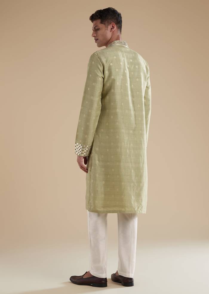 Pista Green Eid Pairing – Mirror Work Sharara Set For Her And Olive Silk Embellished Kurta Set For Him