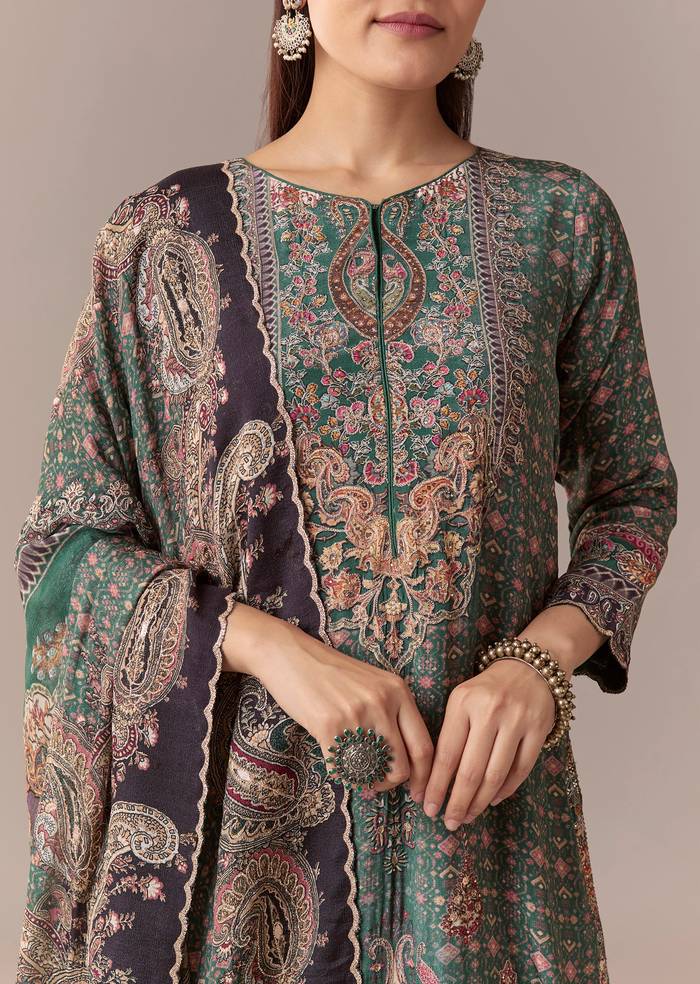 Olive Indie Coordinated Set – Printed Kurta Set With Dupatta For Her And Olive Silk Kurta Set With Dupatta For Him