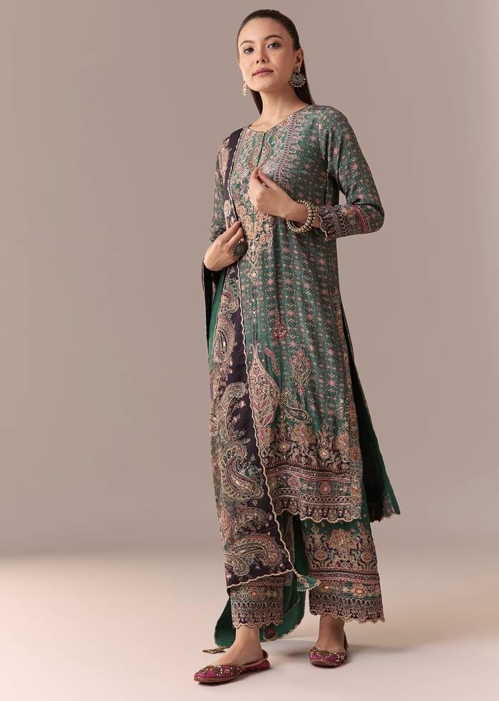 Olive Indie Coordinated Set – Printed Kurta Set With Dupatta For Her And Olive Silk Kurta Set With Dupatta For Him