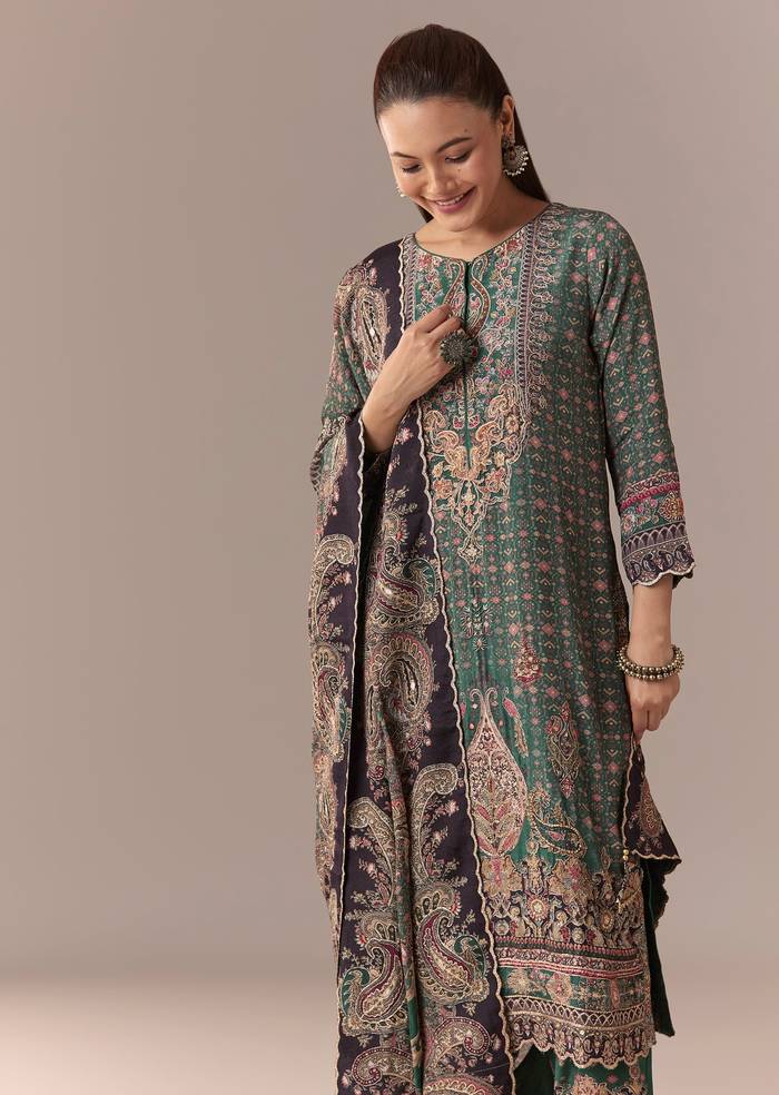 Olive Indie Coordinated Set – Printed Kurta Set With Dupatta For Her And Olive Silk Kurta Set With Dupatta For Him