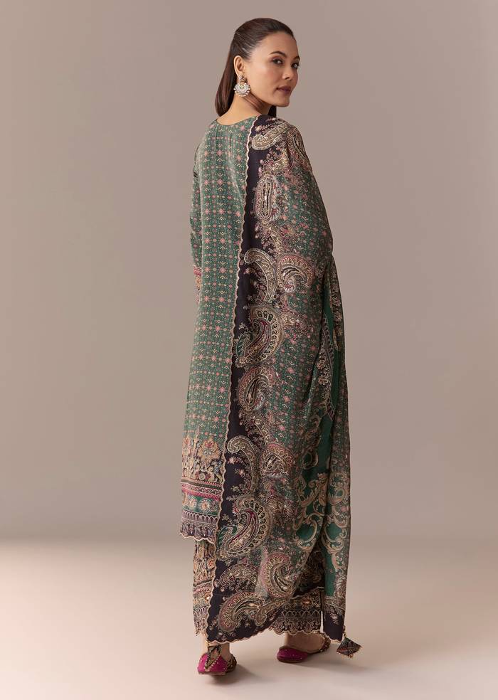 Olive Indie Coordinated Set – Printed Kurta Set With Dupatta For Her And Olive Silk Kurta Set With Dupatta For Him