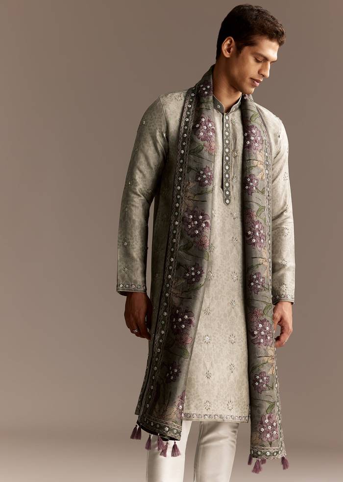 Olive Indie Coordinated Set – Printed Kurta Set With Dupatta For Her And Olive Silk Kurta Set With Dupatta For Him