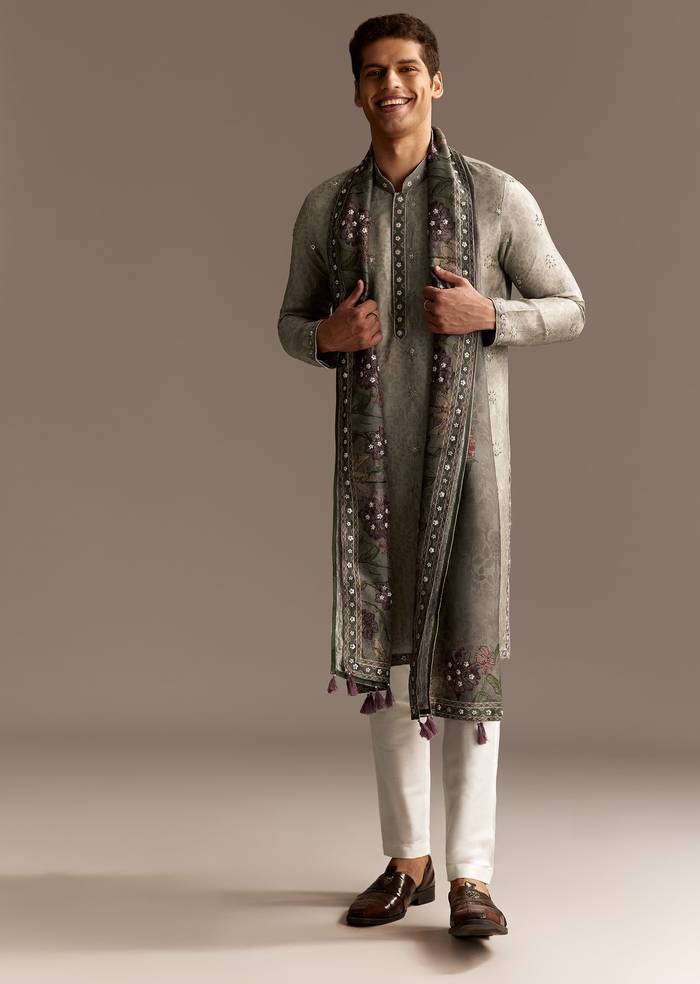 Olive Indie Coordinated Set – Printed Kurta Set With Dupatta For Her And Olive Silk Kurta Set With Dupatta For Him