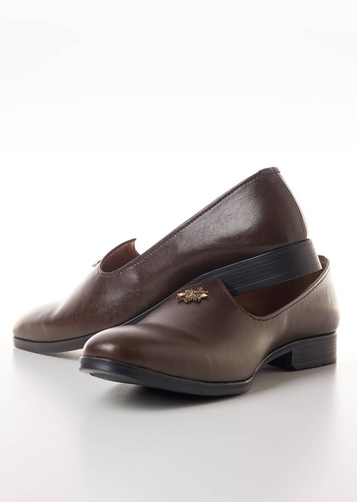 Brown Faux Leather Mens Loafers with Metallic Sunburst Charm