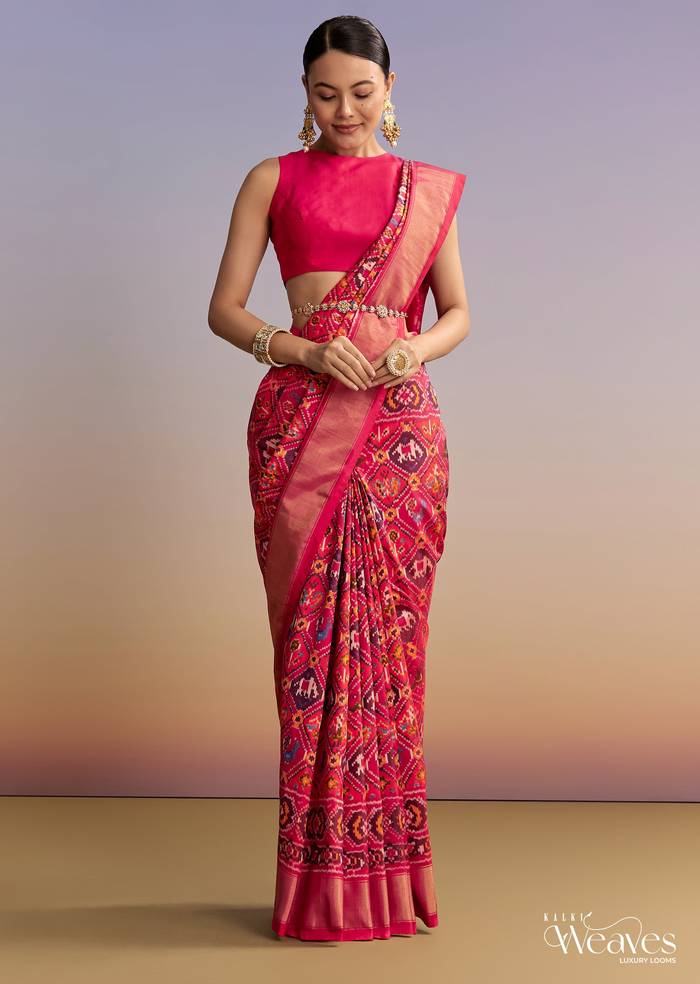 Rani Pink Silk Single Ikkat Handwoven Patola Saree With Geometric Motifs