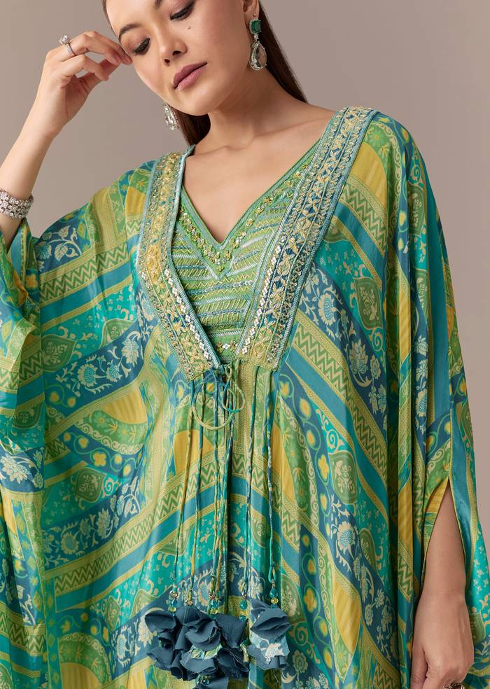 Green Crop Top Palazzo Set with Printed Cape