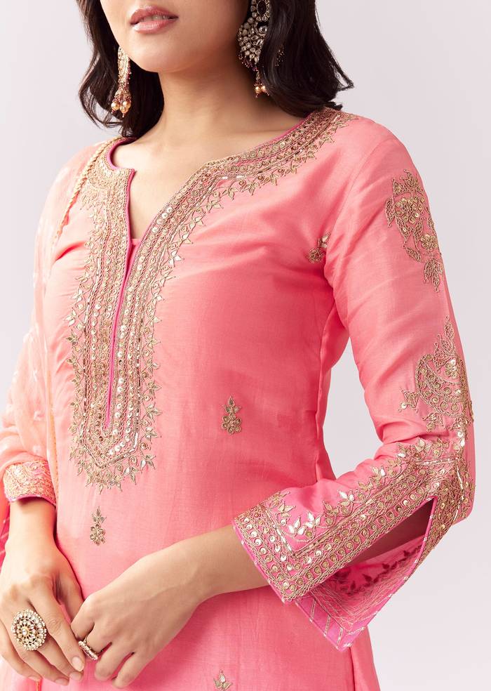 Blush Pink Twinning Ensemble – Gotta Work Sharara With Bandhani Dupatta For Her And Pink Silk Mandarin Collar Kurta For Him