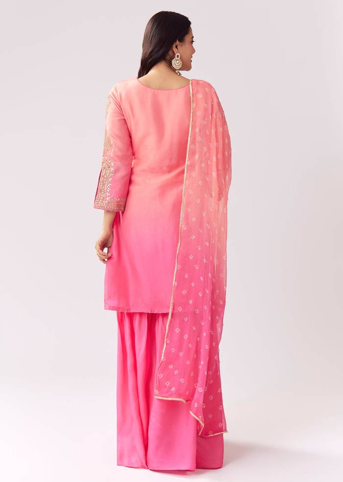 Blush Pink Twinning Ensemble – Gotta Work Sharara With Bandhani Dupatta For Her And Pink Silk Mandarin Collar Kurta For Him