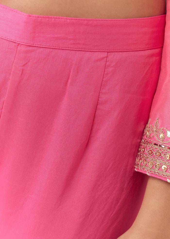 Blush Pink Twinning Ensemble – Gotta Work Sharara With Bandhani Dupatta For Her And Pink Silk Mandarin Collar Kurta For Him