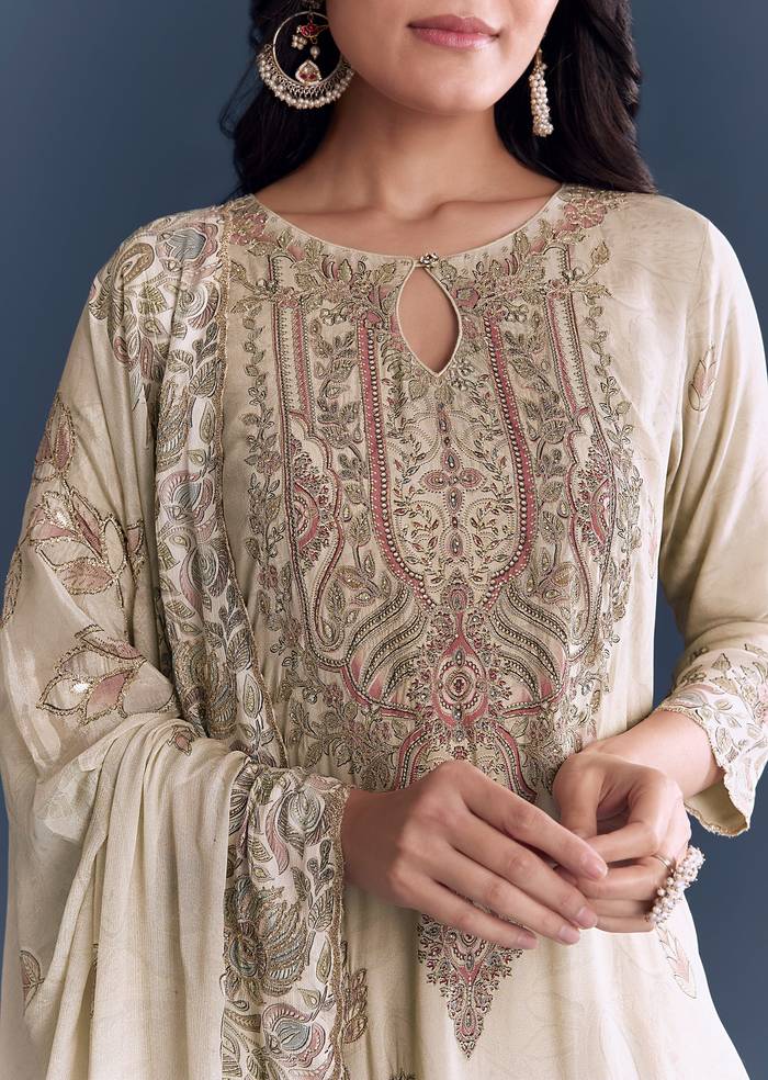 Beige Floral Coordinated Look – Crepe Zari Kurta Set For Her And Beige Embroidered Kurta Set For Him