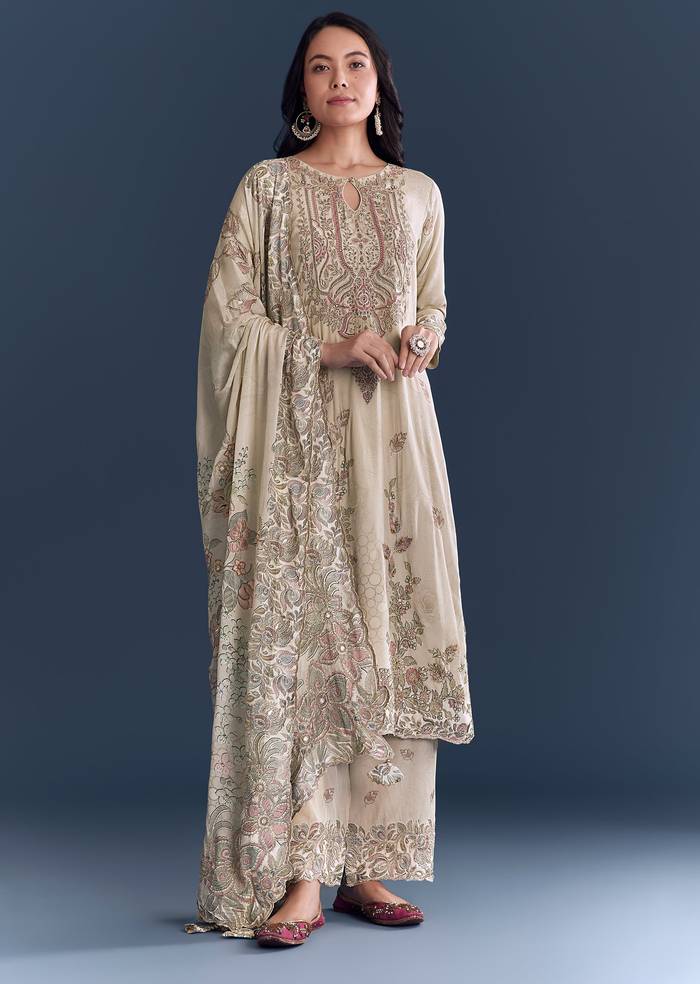 Beige Floral Coordinated Look – Crepe Zari Kurta Set For Her And Beige Embroidered Kurta Set For Him