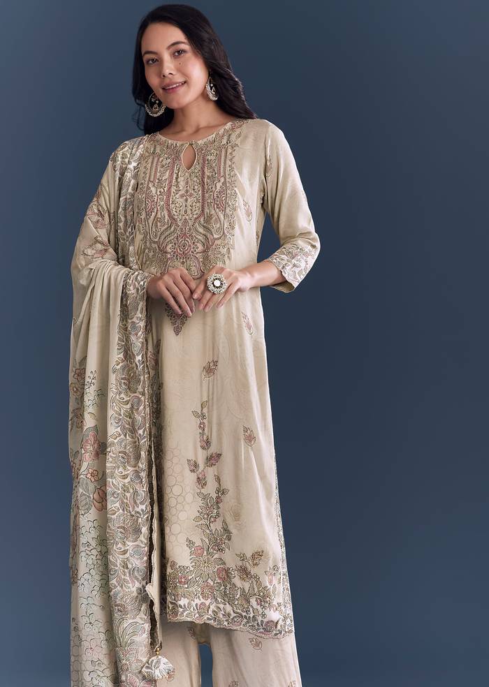 Beige Floral Coordinated Look – Crepe Zari Kurta Set For Her And Beige Embroidered Kurta Set For Him