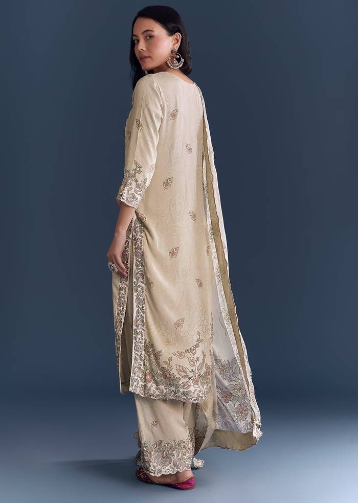 Beige Floral Coordinated Look – Crepe Zari Kurta Set For Her And Beige Embroidered Kurta Set For Him