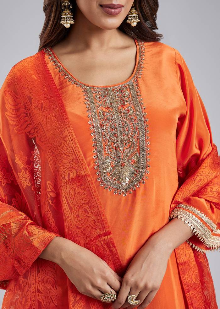 Orange Crepe Kurta Set With Intricate Zardosi Embroidery