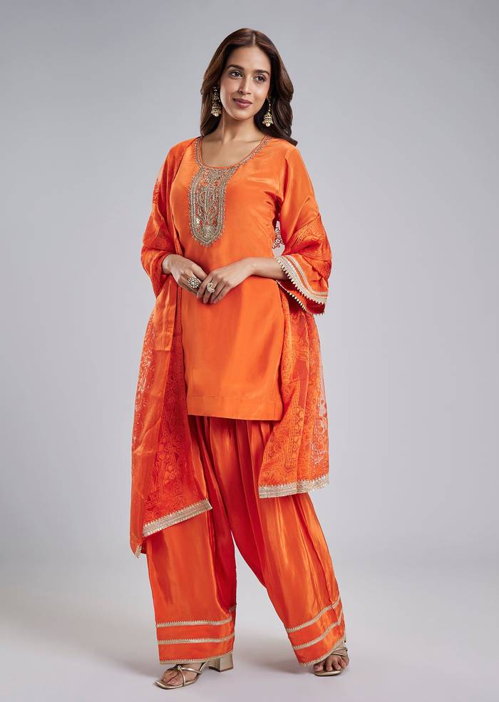 Orange Crepe Kurta Set With Intricate Zardosi Embroidery