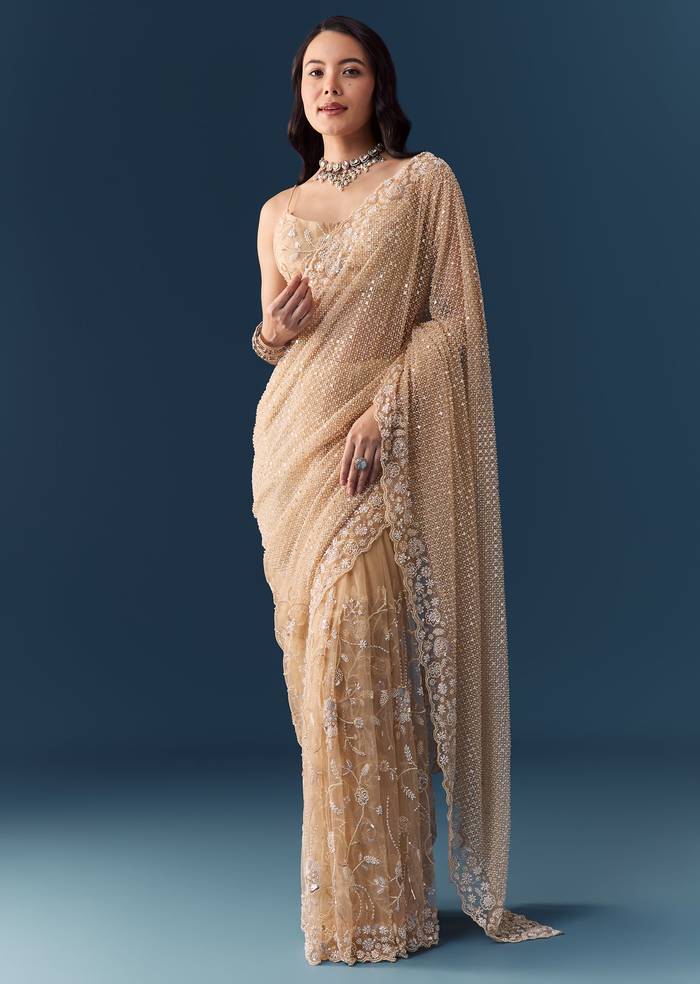 Gold Net Jaal Bead Work Saree with Unstitched Blouse