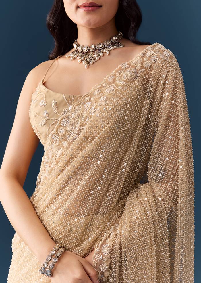 Gold Net Jaal Bead Work Saree with Unstitched Blouse