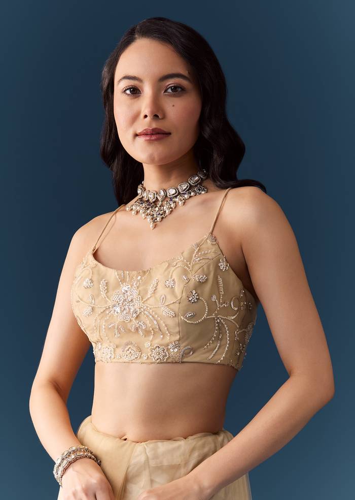 Gold Net Jaal Bead Work Saree with Unstitched Blouse