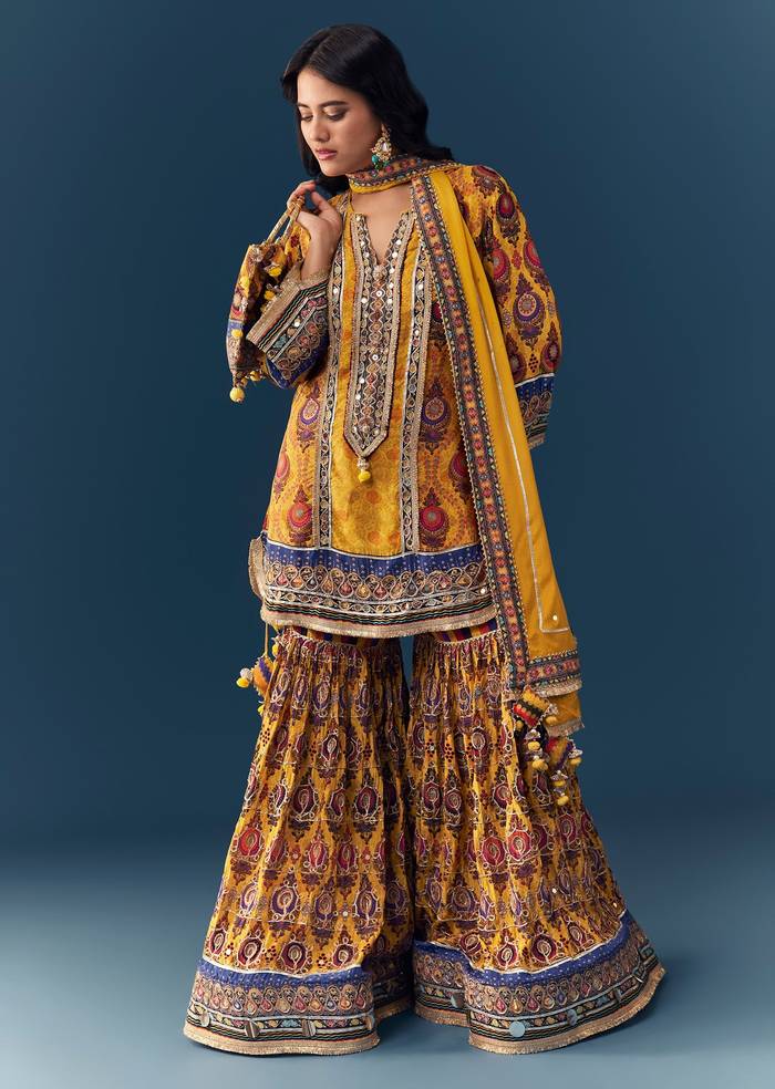 Yellow Gota Lace Work Sharara Set with Handbag