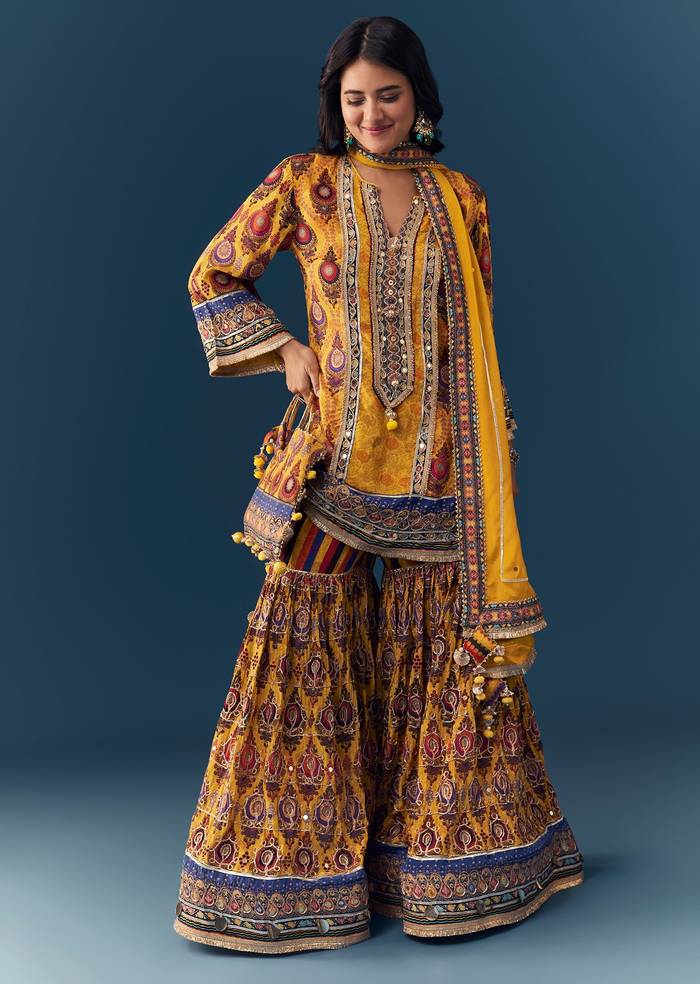 Yellow Gota Lace Work Sharara Set with Handbag