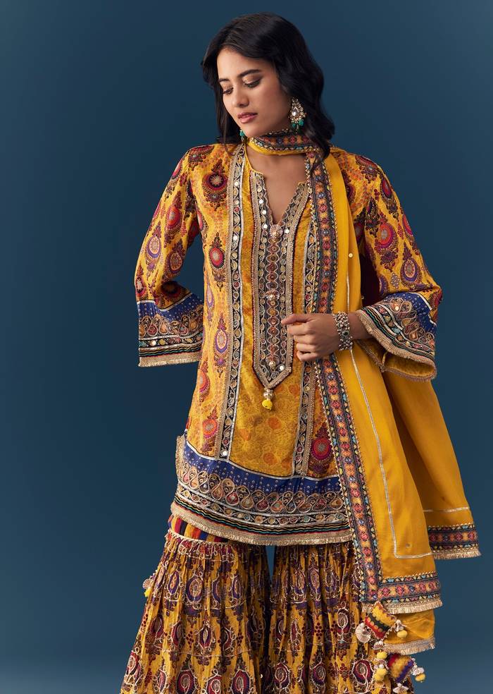 Yellow Gota Lace Work Sharara Set with Handbag