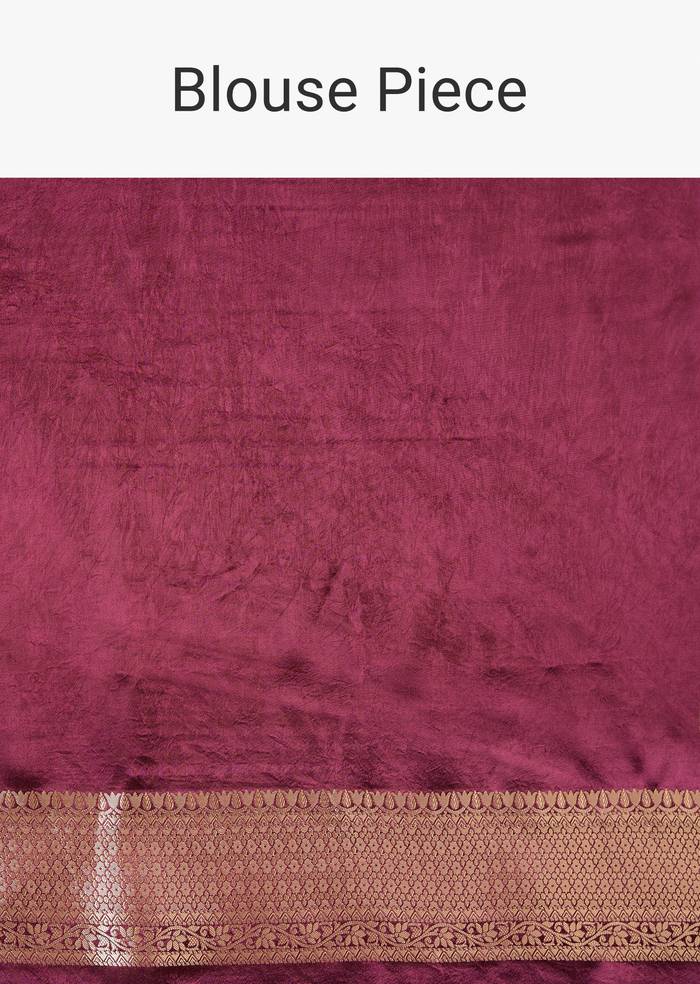 Wine Satin Woven Border Saree with Unstitched Blouse