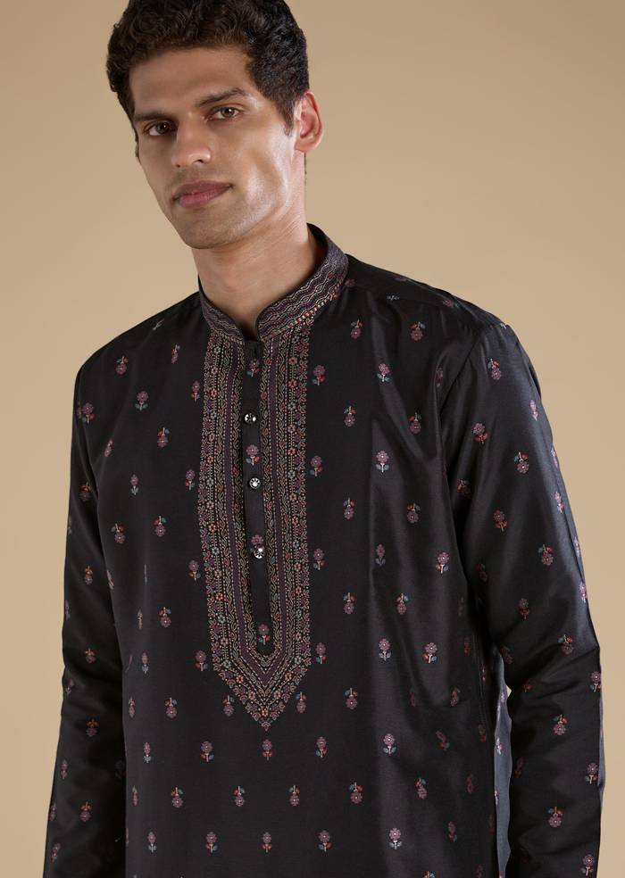 Black Contemporary Match – Stone Work Kurta Set For Her And Black Silk Kurta Set With Dupatta For Him