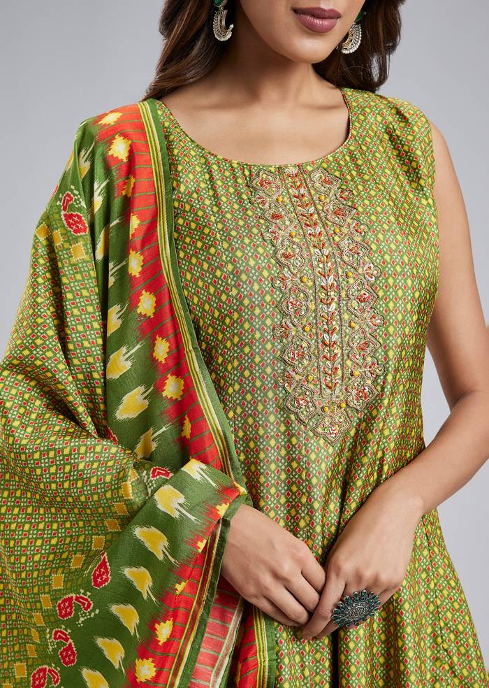 Green Patola Style Printed Anarkali Suit Set