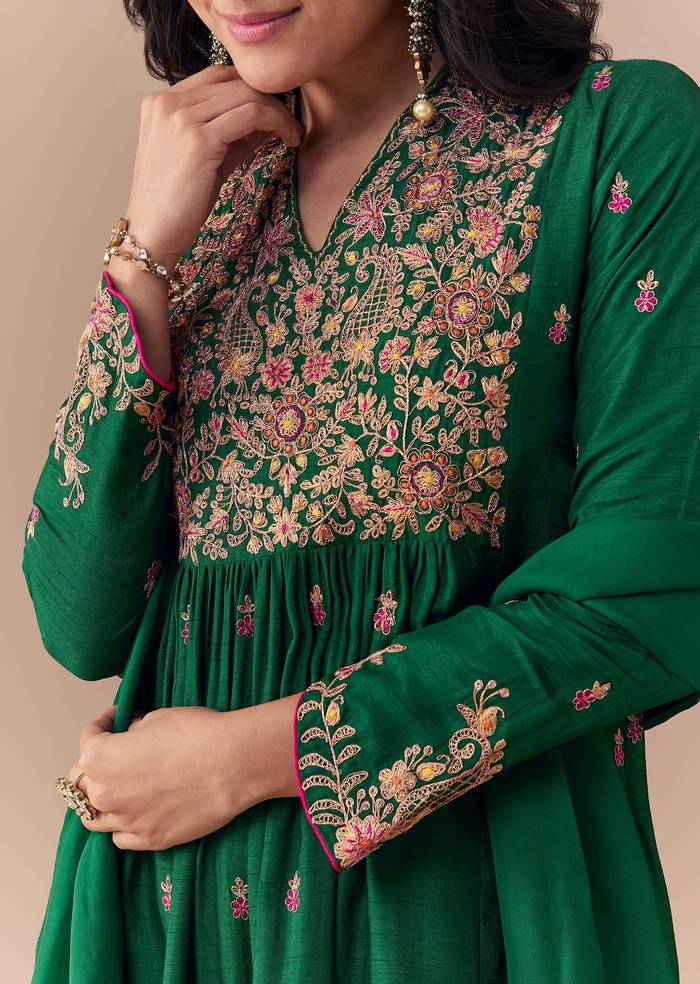 Green Raw Silk Zari Embellished Anarkali Set