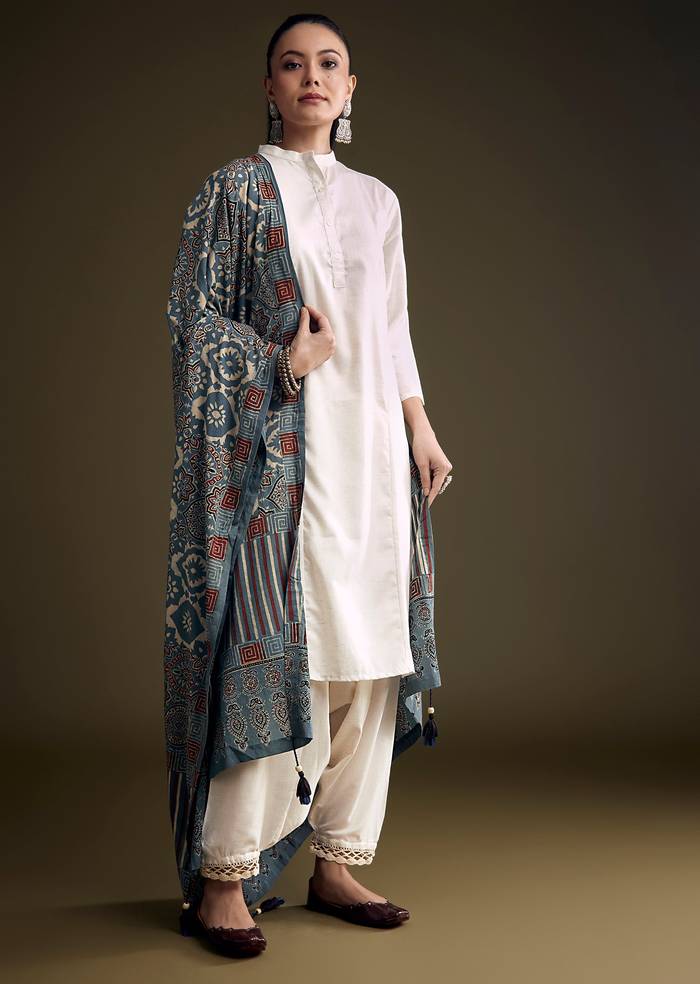 Off White Khadi Dhoti Suit With Blue Hand Dyed Ajrakh Dupatta