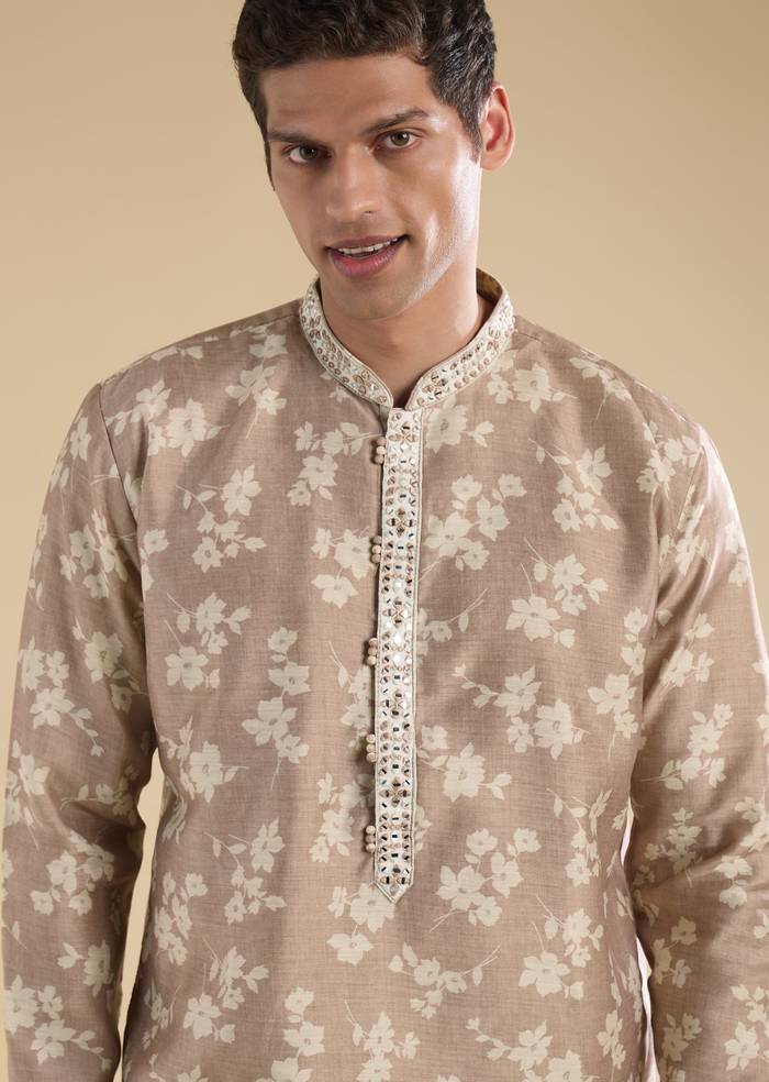 Beige Floral Coordinated Look – Crepe Zari Kurta Set For Her And Beige Embroidered Kurta Set For Him