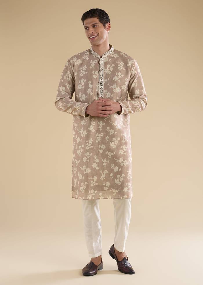 Beige Floral Coordinated Look – Crepe Zari Kurta Set For Her And Beige Embroidered Kurta Set For Him