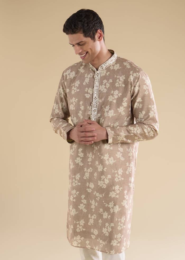 Beige Floral Coordinated Look – Crepe Zari Kurta Set For Her And Beige Embroidered Kurta Set For Him
