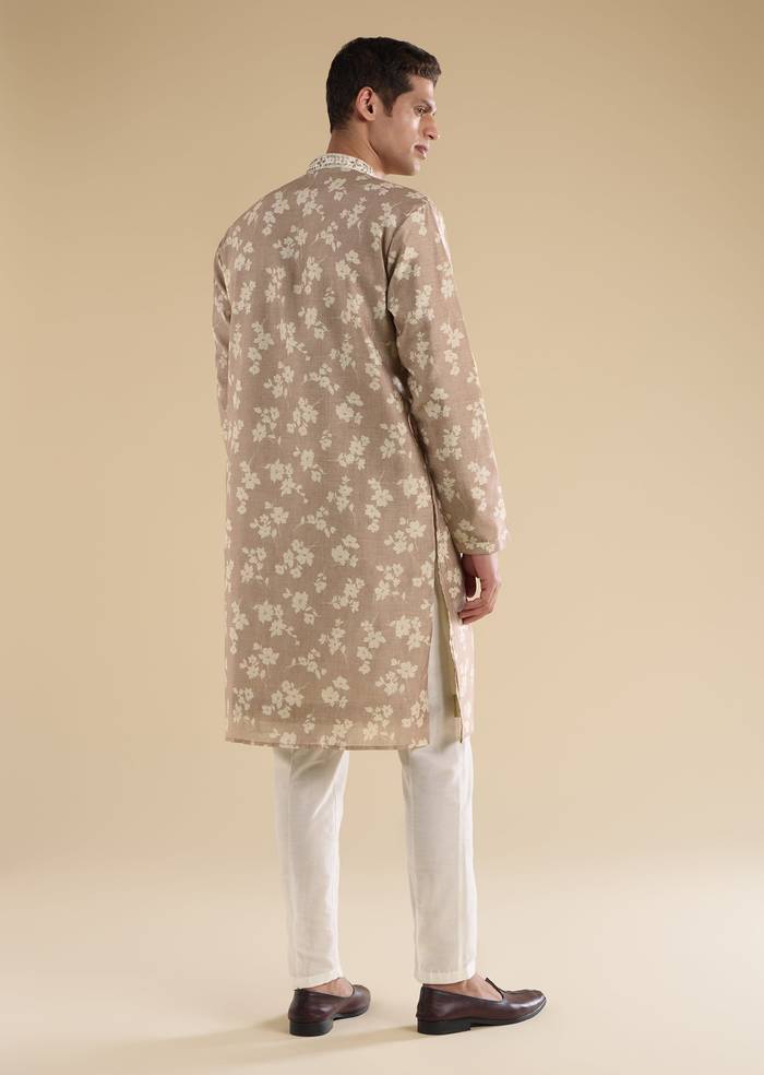Beige Floral Coordinated Look – Crepe Zari Kurta Set For Her And Beige Embroidered Kurta Set For Him