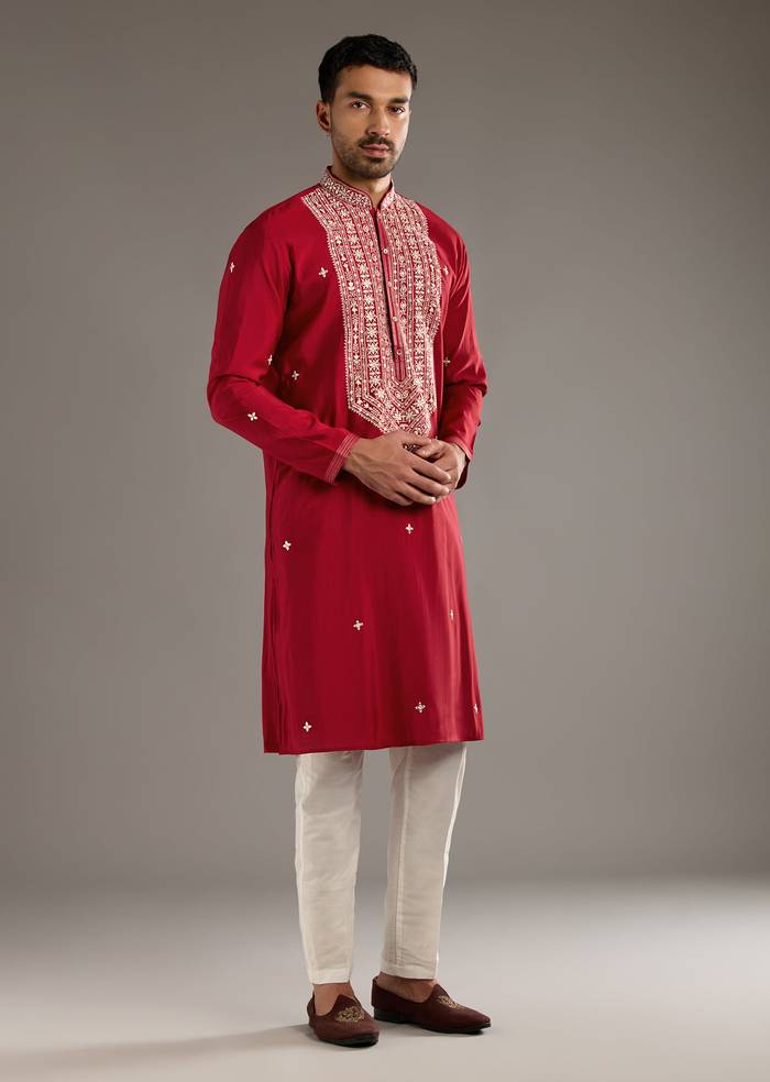 Red Silk Kurta Set For Men With Mirror And Thread Work